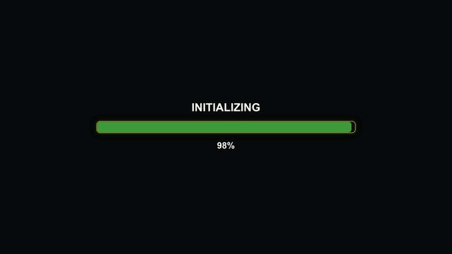 Animation displays a progress bar indicating the initializing status at 99 percent for a video creator in a digital streaming setting. The design features a simple green bar on a dark background.