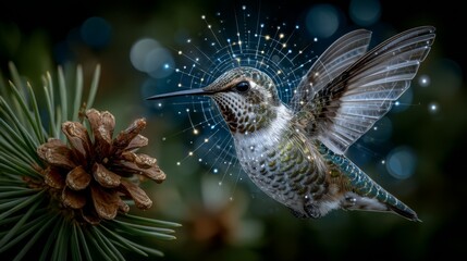 A vibrant hummingbird pauses midflight beside a pine cone as luminous digital lines radiate around it, blending wildlife wonder with technology for innovation or nature tech concepts.