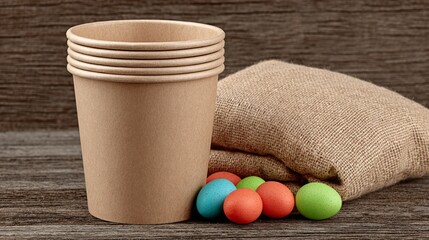 Eco-friendly kraft cups and bright candy eggs rest on weathered wood with a burlap sack, creating a playful rustic scene ideal for party themes, Easter promotions, and packaging designs.