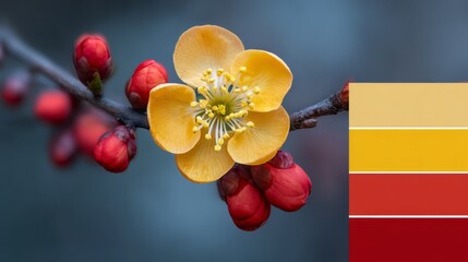 Close-up of a delicate golden flower and vivid red buds against a cool blue blur, paired with a warm color strip, ideal for branding, design, or seasonal layouts.