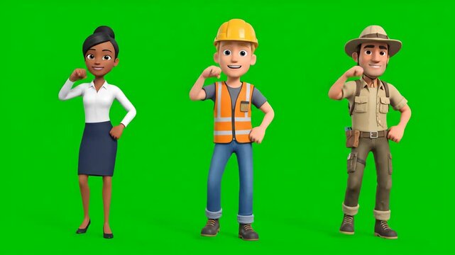 Three cartoon characters in different professions performing rhythmic movements on a green screen.