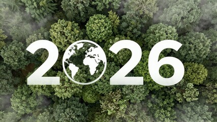 Aerial forest canopy with 2026 and globe motif overlay