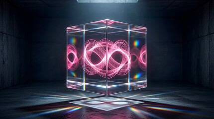 Quantum computing concept with glowing data cube - futuristic technology visualization