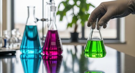 Scientist carefully analyzing vibrant colorful chemical liquids in glassware at a biology laboratory research station