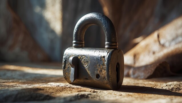 Antique Lock Showcasing Weathered Metal Texture and Old World Engineering, Authentic Vintage Padlock for Collectors, Industrial Decor, and Historical Displays