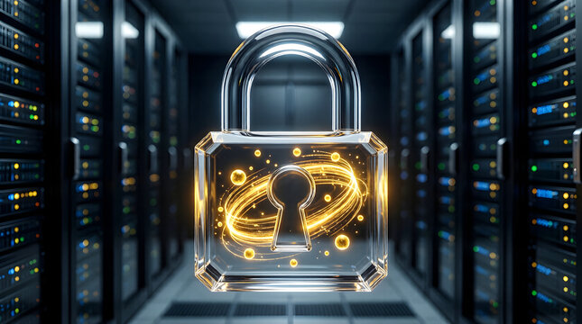 Cybersecurity concept of a glowing digital lock - quantum encryption and futuristic data protection. - Powered by Adobe