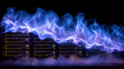 Blue energy wave above server rack in dark data center creating dramatic glowing effect and mist
