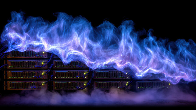 Blue energy wave above server rack in dark data center creating dramatic glowing effect and mist - Powered by Adobe