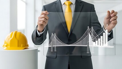 Businessman presenting infrastructure project with bridge design and growth chart