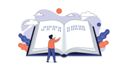 Man standing in front of a giant open book with braille characters representing accessibility and literacy for the blind and visually impaired.