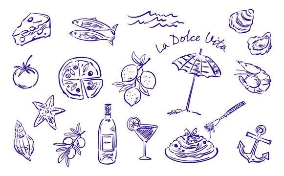Hand-drawn, whimsical doodle-style Mediterranean food and lifestyle vector clip art set for pattern, poster, post card, banner and home decor. La Dolce Vita. Italian food illustration set.

