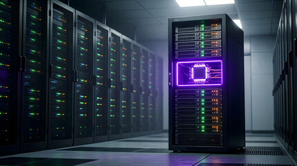 Quantum computer server rack glowing in dark data center - futuristic high performance computing concept