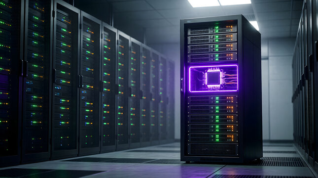 Quantum computer server rack glowing in dark data center - futuristic high performance computing concept - Powered by Adobe