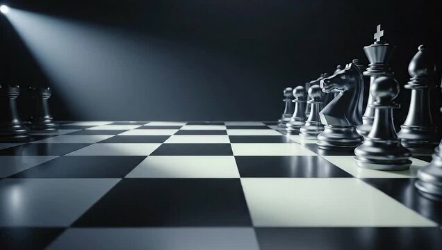 Chessboard with spotlight, strategic game concept.