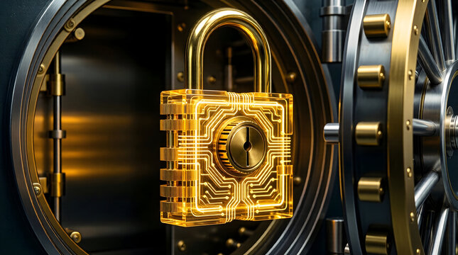 Quantum security concept with glowing vault mechanism - advanced data encryption technology - Powered by Adobe