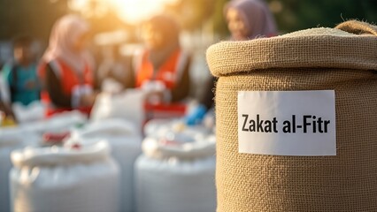 Burlap sack labeled Zakat al-Fitr, surrounded by volunteers distributing charity items, symbolizing community support and generosity during Islamic giving traditions