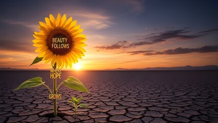 Sunflower with Hope and Beauty Text Growing in Cracked Dry Earth at Sunset isolated PNG with Transparent Background