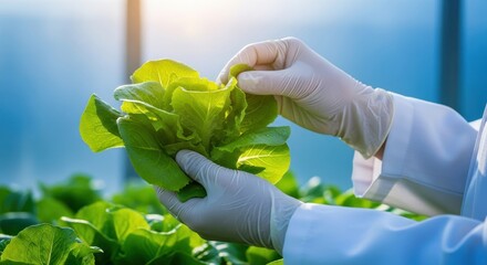 Close-up of gloved hands carefully inspecting fresh green lettuce leaves in a bright, sunlit greenhouse environment, showcasing agricultural research and quality control.