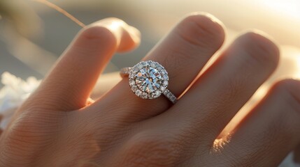 Romantic engagement moment couple s hands in soft sunset light with a stunning diamond ring focus