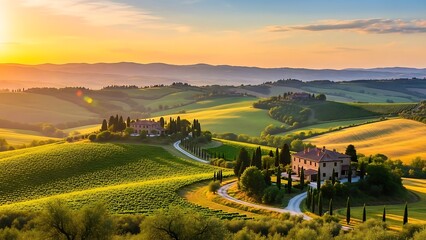A beautiful golden sunrise illuminates the rolling tuscan hills and a winding road leading to a charming farmhouse