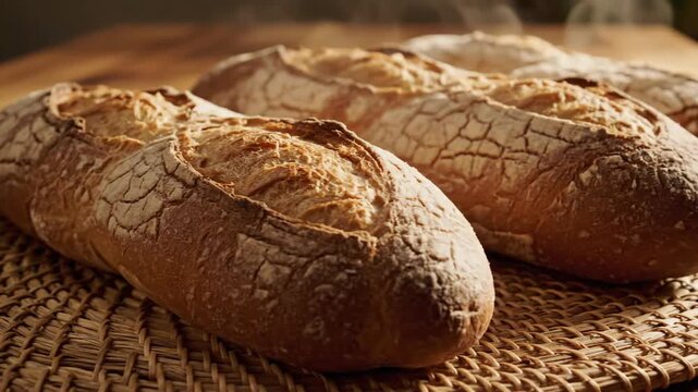 Cracked crust baguettes beautifully arranged on a woven mat, showcasing artisanal baking perfection and rustic charm.