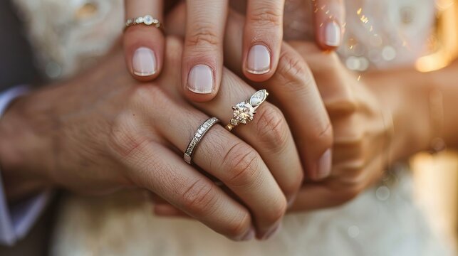 Intimate moment  a couple s hands united in soft sunset light with a beautiful engagement ring