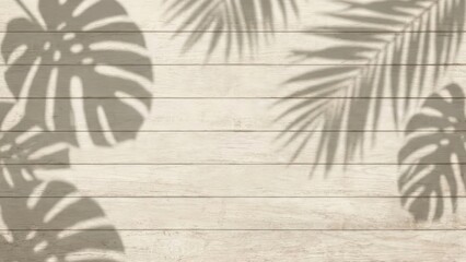 Soft beige wood texture background with subtle shadows of green tropical leaves