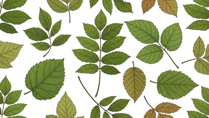 A seamless pattern featuring various green and autumn-colored botanical leaves on a white background.