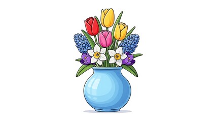 A bright illustration of a colorful spring bouquet featuring tulips and daffodils in a blue vase