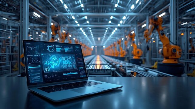 Modern factory interior with robotic arms and laptop displaying data analytics dashboard