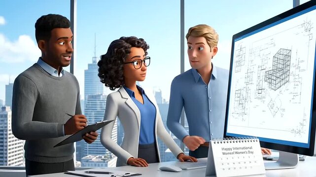 Architectural Design Team Collaborates on Blueprints, Honoring International Women&rsquo;s Day in a Bright Modern Office