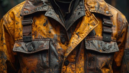 Worn and weathered yellow leather jacket with metal buckles and straps.