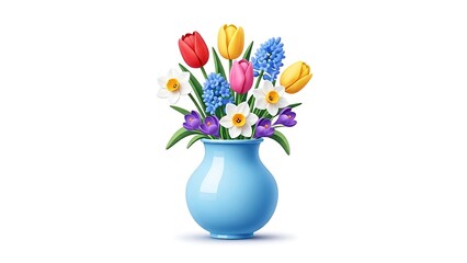 Vibrant arrangement of spring flowers including tulips, daffodils, and hyacinths in a ceramic blue vase