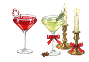 Hand-drawn watercolor illustration of two vintage christmas cocktails (red and green) with candy canes, rosemary, bows, and glowing candles, on a bright white minimalist background. Concept for