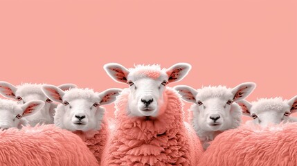 A unique brand representation  fluffy pink ram surrounded by identical white sheep on soft gradient