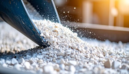 White gravel or small stones being poured from a metal scoop.