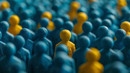 A striking yellow figure stands out in a crowd of dark blue silhouettes on a gradient backdrop.