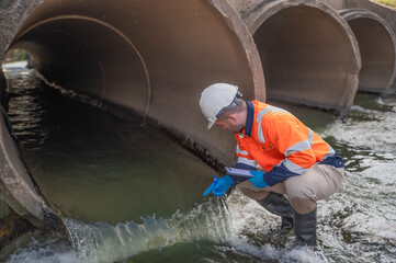 A specialist scientist is checking the cleanliness of water from a treatment pond that is being discharged into a natural stream.