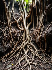Fototapeta premium Root system spreading, intricate underground network, tree, biology
