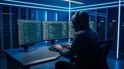 Person working with complex code on multiple monitors in a dark server room environment.

