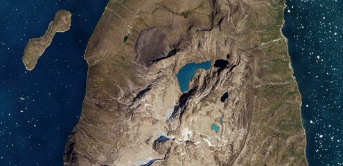 Aerial Satellite View of Greenland Coast and Melting Icebergs