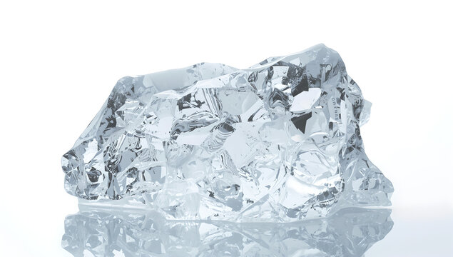 Clear Ice Block With Sharp Edges Reflecting Light On White Surface