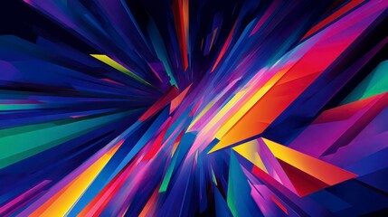Obraz premium Vivid geometric explosion with strong depth and dynamic shapes in bright blue, purple, yellow, and red colors creating energetic and futuristic abstract background