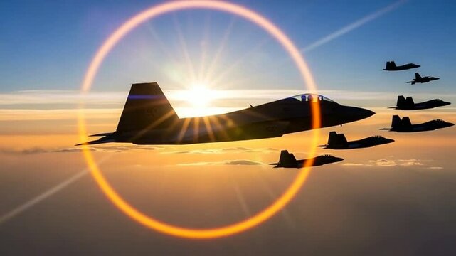Fighter jets flying in formation during vibrant sunset