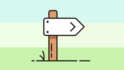 Minimalist wooden signpost with white rectangular sign and black arrow in a green field