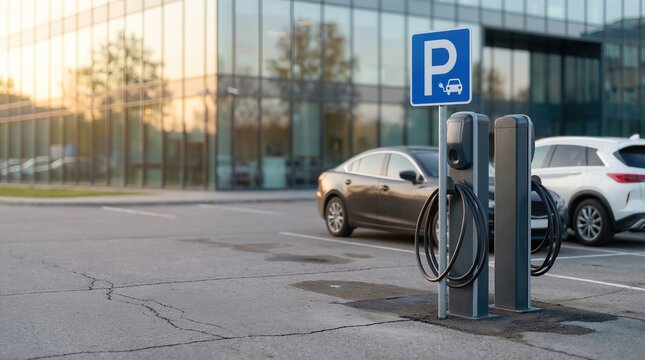 Electric vehicle charging station with clear signage in a modern parking lot, showcasing sustainable transportation options and urban infrastructure development