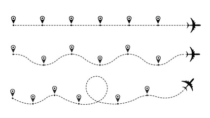Obraz premium Airplane flight path route illustration with dotted lines and location pins