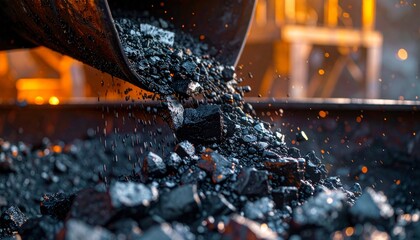 Coal being poured from a heavy machinery bucket into a pile.