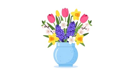 A vibrant illustration of a spring bouquet featuring tulips and hyacinths in a blue vase