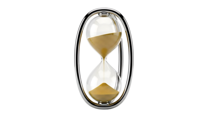 A sleek hourglass with sand flowing from top to bottom on transparent background
